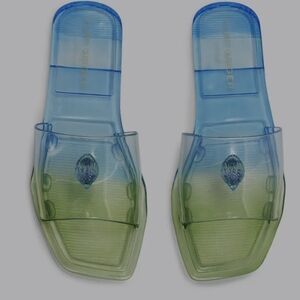Kurt Geiger Iridescent Blue-Green Jelly Slide with Bee Accent